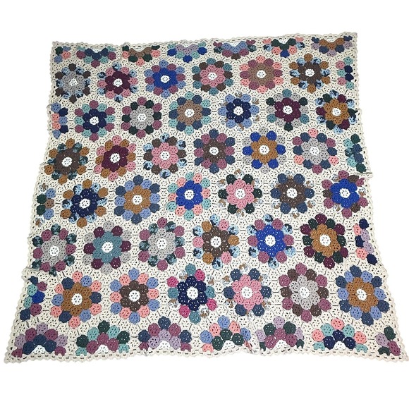 Other - Vintage Handmade Crochet Granny Square Blanket Throw Floral Multicolor 75" x 75"